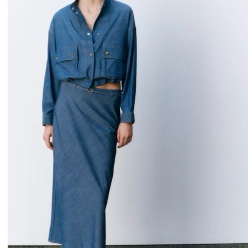Zara Denim-Effect Blue Maxi Skirt and Bomber Jacket Set